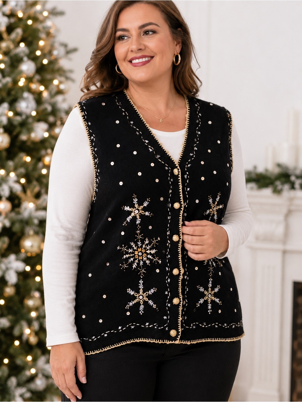 Reference Point II Snowflake Sweater Vest 1X Black Beaded Holiday Vest - Picture 1 of 5